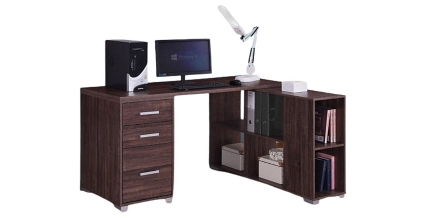 Bureau d'angle contemporain IZMIR – Coloris noyer et gris – 9 espaces de rangement