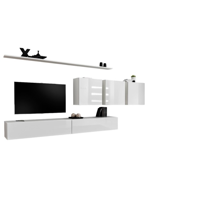 Ensemble meuble salon mural SWITCH VII design, coloris blanc brillant.