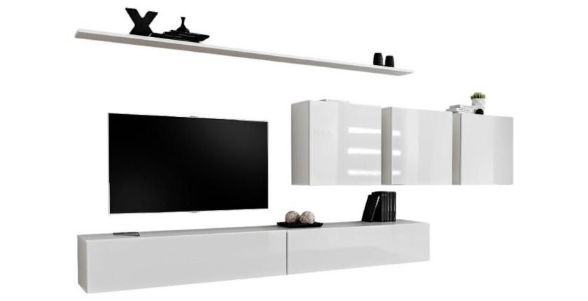 Ensemble meuble salon mural SWITCH VII design, coloris blanc brillant.