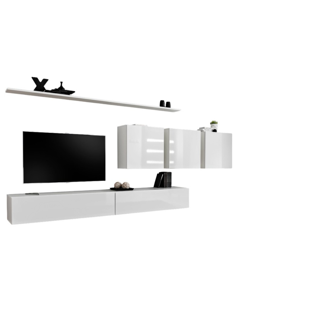 Ensemble meuble salon mural SWITCH VII design, coloris blanc brillant.