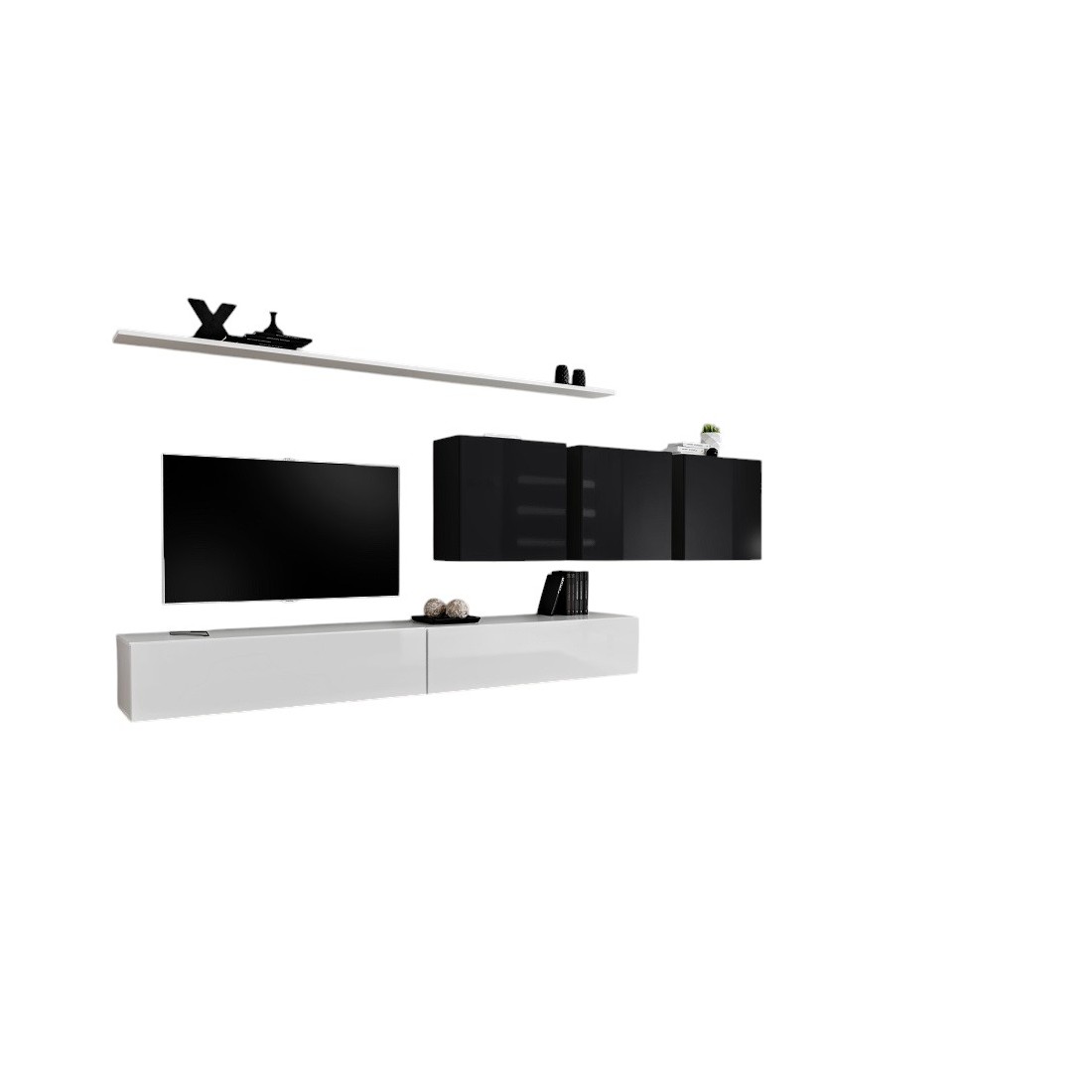 Ensemble meuble salon SWITCH VII design, coloris blanc et noir brillant.