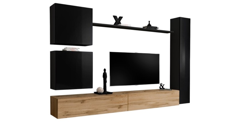 Wandmeubelset voor de woonkamer, SWITCH VIII. Design TV-meubel aan de muur, in Wotan eiken en glanzend zwart.