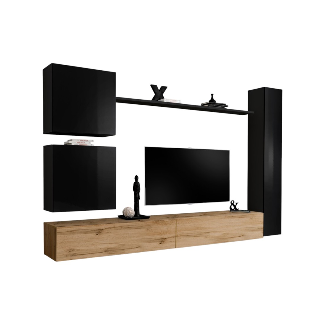 Wandmeubelset voor de woonkamer, SWITCH VIII. Design TV-meubel aan de muur, in Wotan eiken en glanzend zwart.