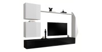 Ensemble meuble salon mural SWITCH VIII. Meuble TV mural design, coloris noir et blanc brillant.