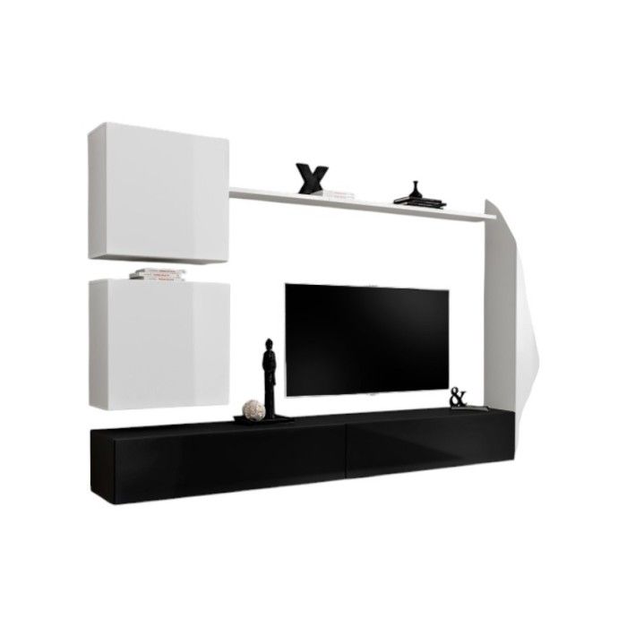 Ensemble meuble salon mural SWITCH VIII. Meuble TV mural design, coloris noir et blanc brillant.