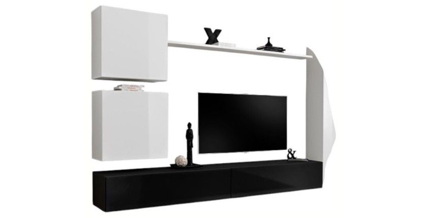 Ensemble meuble salon mural SWITCH VIII. Meuble TV mural design, coloris noir et blanc brillant.