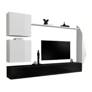 Ensemble meuble salon mural SWITCH VIII. Meuble TV mural design, coloris noir et blanc brillant.