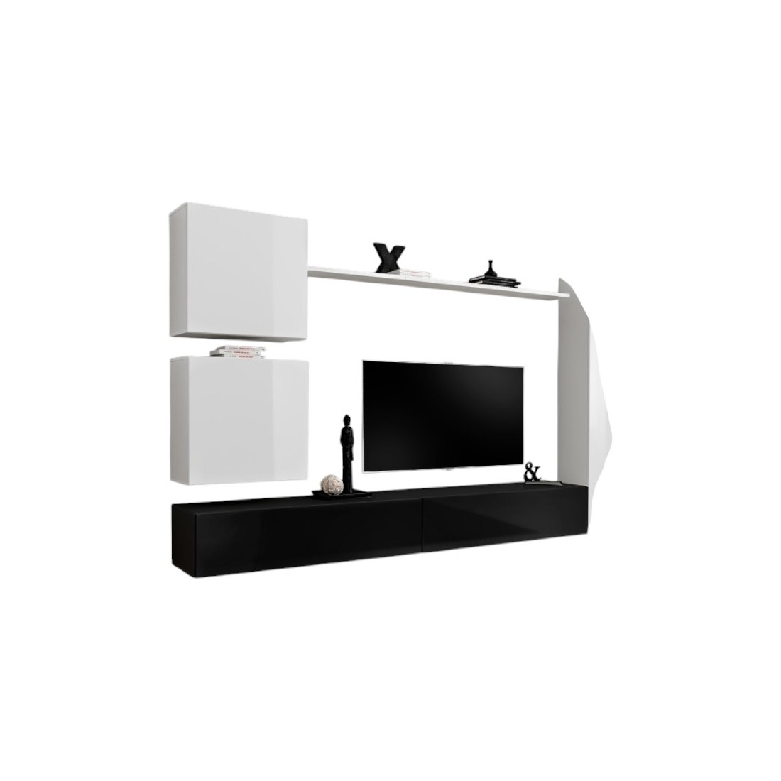 Ensemble meuble salon mural SWITCH VIII. Meuble TV mural design, coloris noir et blanc brillant.