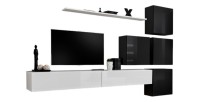 Ensemble meuble salon mural SWITCH IX design, coloris blanc et noir brillant.