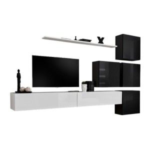 Ensemble meuble salon mural SWITCH IX design, coloris blanc et noir brillant.