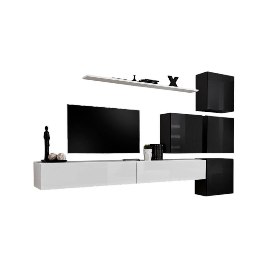 Ensemble meuble salon mural SWITCH IX design, coloris blanc et noir brillant.