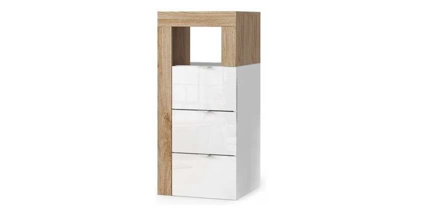 Commode BURA – 3 tiroirs – L35 cm – Blanc brillant laqué et chêne clair – Design moderne
