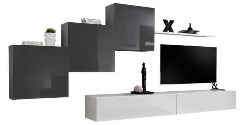 Wohnzimmer-Wandmöbel-Set SWITCH X Design, in glänzendem Weiß und Grau.