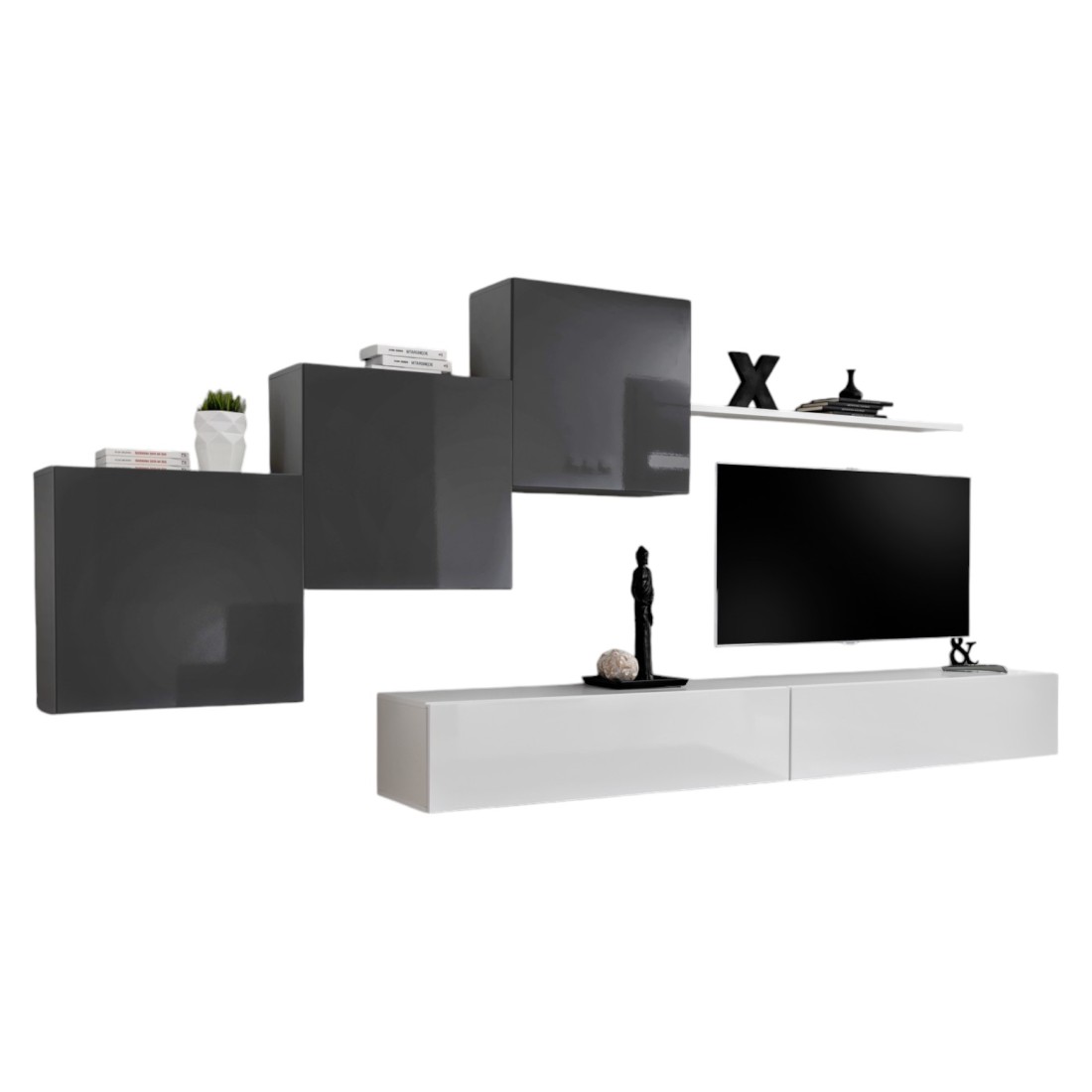 Wohnzimmer-Wandmöbel-Set SWITCH X Design, in glänzendem Weiß und Grau.
