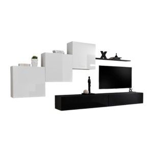 Ensemble meuble salon mural SWITCH X design, coloris noir et blanc brillant.