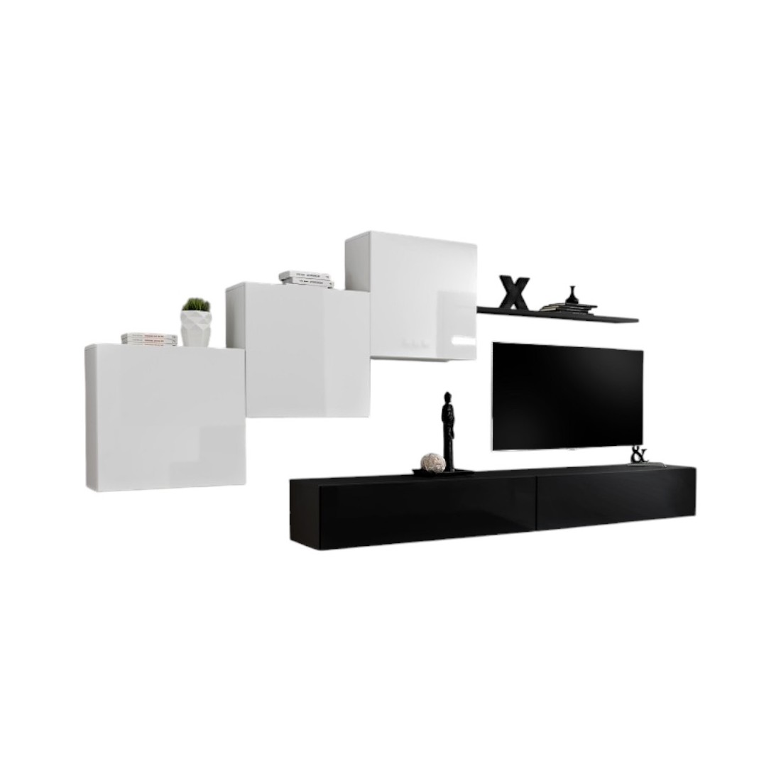 Ensemble meuble salon mural SWITCH X design, coloris noir et blanc brillant.