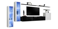 Ensemble meuble salon mural SWITCH XI design, coloris blanc et noir brillant
