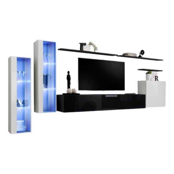 Ensemble meuble salon mural SWITCH XI design, coloris blanc et noir brillant