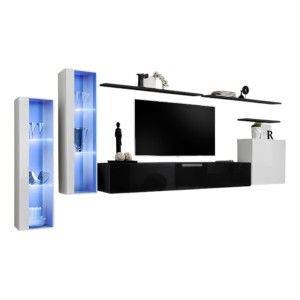 Ensemble meuble salon mural SWITCH XI design, coloris blanc et noir brillant