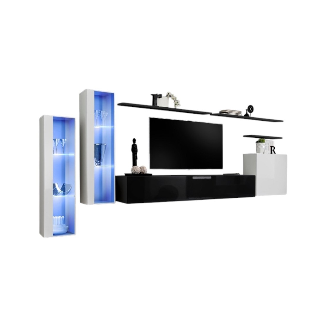Ensemble meuble salon mural SWITCH XI design, coloris blanc et noir brillant