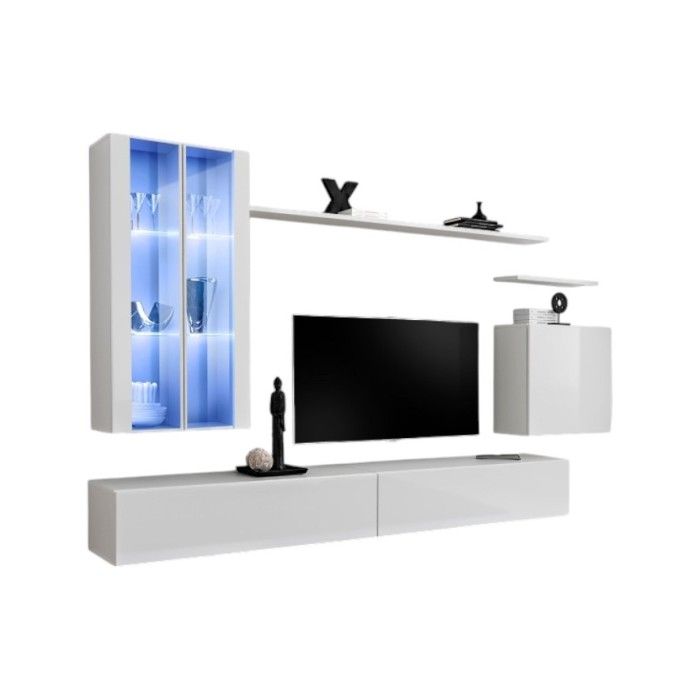 Ensemble meuble salon mural SWITCH XII design, coloris blanc brillant.