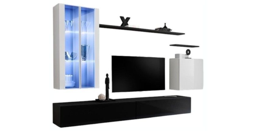 Ensemble meuble salon mural SWITCH XII design, coloris noir et blanc brillant.