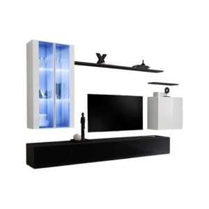 Ensemble meuble salon mural SWITCH XII design, coloris noir et blanc brillant.