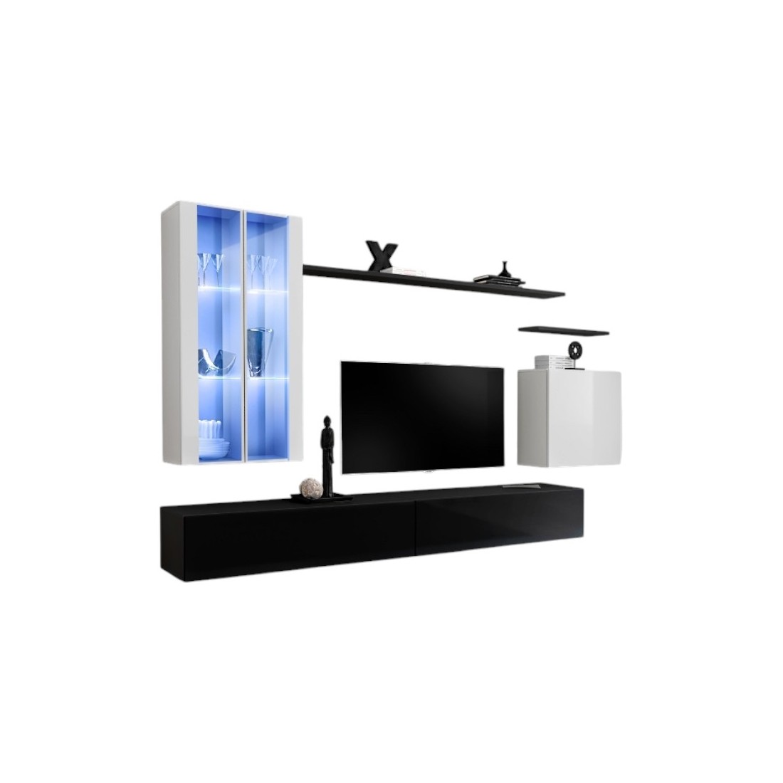 Ensemble meuble salon mural SWITCH XII design, coloris noir et blanc brillant.