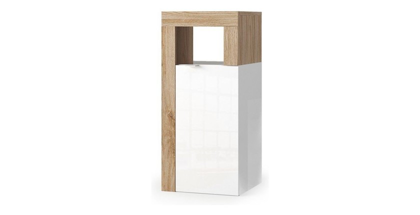 Meuble de salle de bains BURA – 1 porte – Blanc brillant laqué et chêne clair – Design moderne