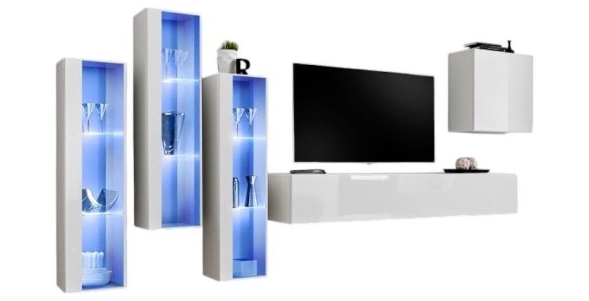 Ensemble meuble salon mural SWITCH XIII design, coloris blanc brillant.