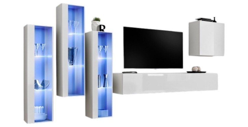Ensemble meuble salon mural SWITCH XIII design, coloris blanc brillant.