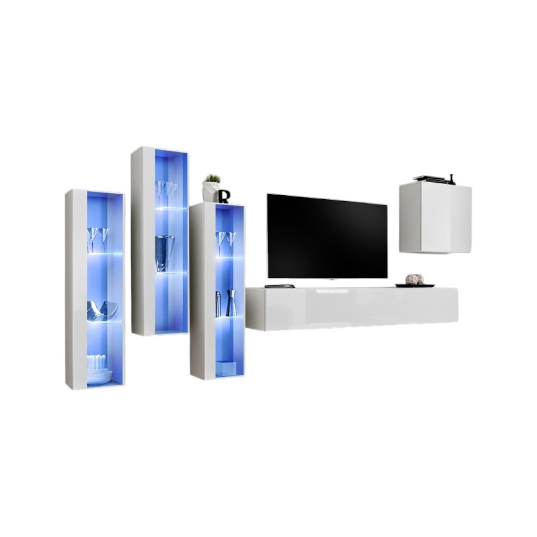 Ensemble meuble salon mural SWITCH XIII design, coloris blanc brillant.