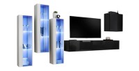 Ensemble meuble salon mural SWITCH XIII design, coloris noir brillant et blanc.