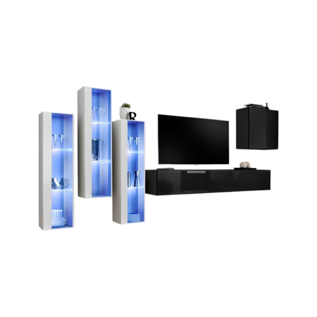 Ensemble meuble salon mural SWITCH XIII design, coloris noir brillant et blanc.