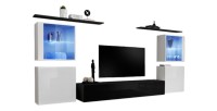 Ensemble meuble salon mural SWITCH XIV design, coloris noir et blanc brillant.