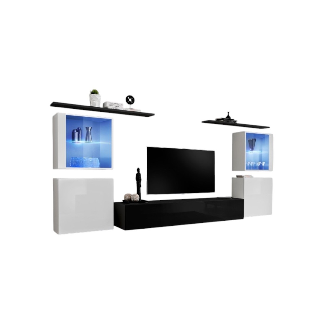Ensemble meuble salon mural SWITCH XIV design, coloris noir et blanc brillant.