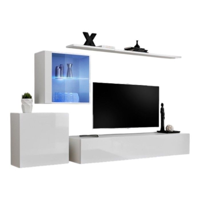 Ensemble meuble salon mural SWITCH XV design, coloris blanc brillant.