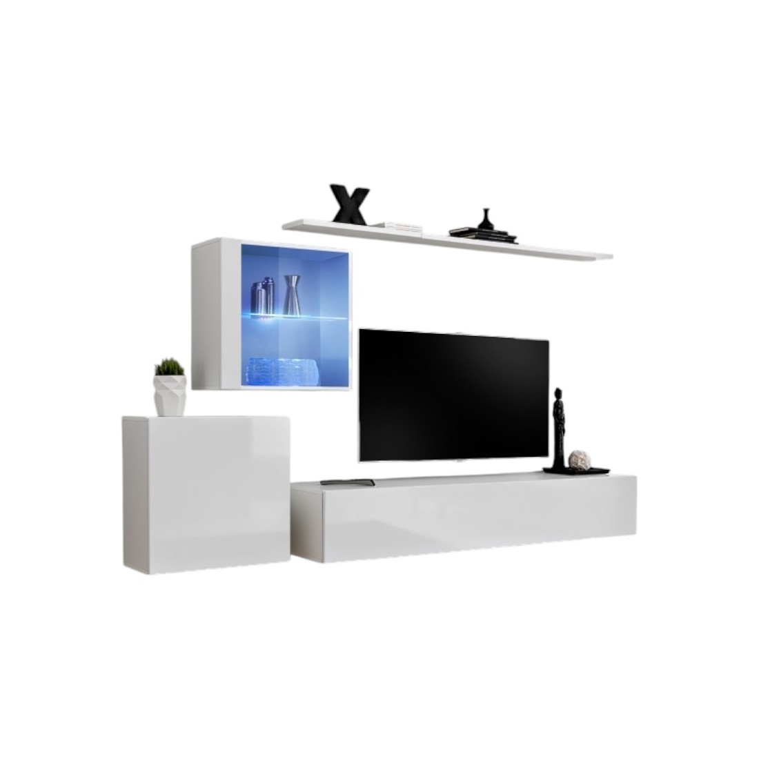 Ensemble meuble salon mural SWITCH XV design, coloris blanc brillant.