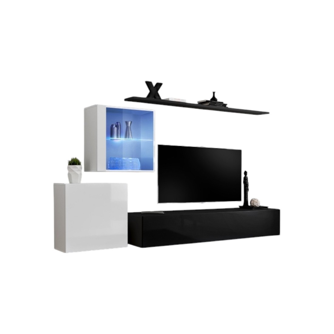 Ensemble meuble salon mural SWITCH XV design, coloris noir et blanc brillant.