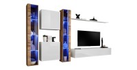 Ensemble meuble salon mural SWITCH XVI design, coloris blanc brillant et chêne Wotan.