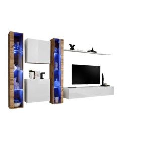 Ensemble meuble salon mural SWITCH XVI design, coloris blanc brillant et chêne Wotan.