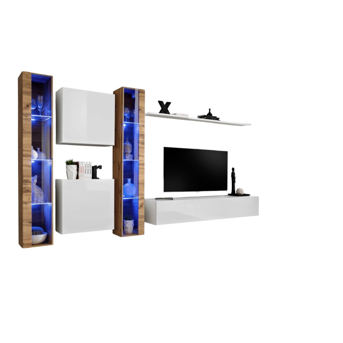 Ensemble meuble salon mural SWITCH XVI design, coloris blanc brillant et chêne Wotan.