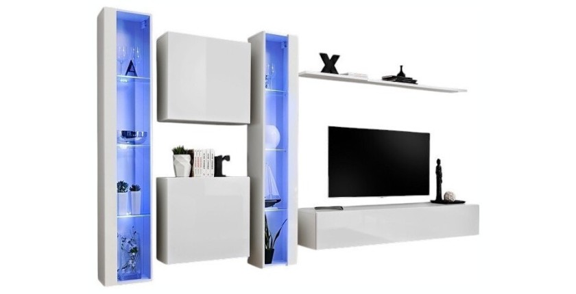 Ensemble meuble salon mural SWITCH XVI design, coloris blanc brillant.