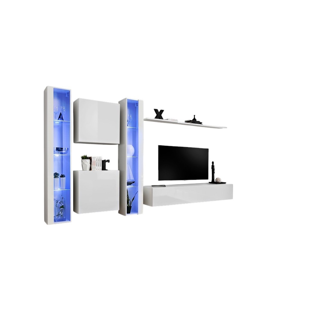 Ensemble meuble salon mural SWITCH XVI design, coloris blanc brillant.