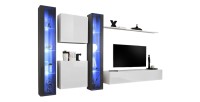 Ensemble meuble salon mural SWITCH XVI design, coloris blanc et gris brillant.