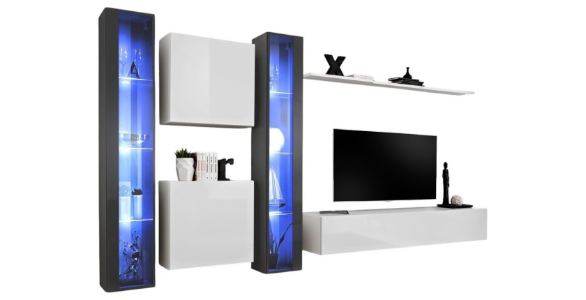 Ensemble meuble salon mural SWITCH XVI design, coloris blanc et gris brillant.