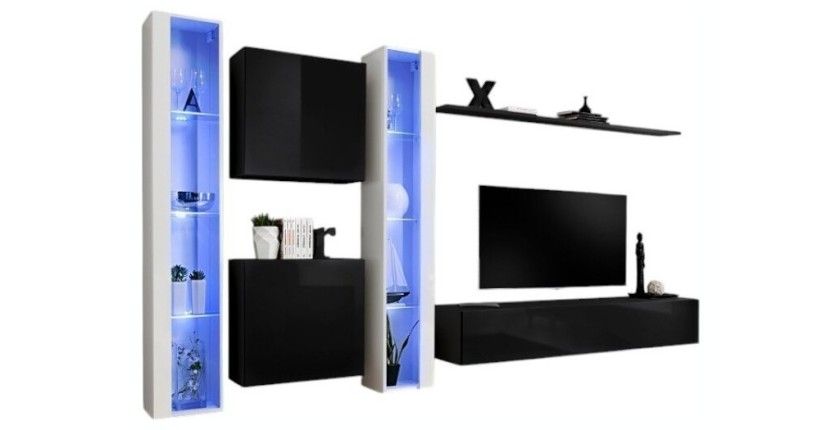 Ensemble meuble salon mural SWITCH XVI design, coloris noir et blanc brillant.