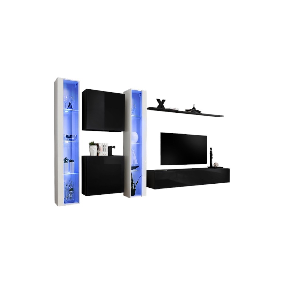Ensemble meuble salon mural SWITCH XVI design, coloris noir et blanc brillant.