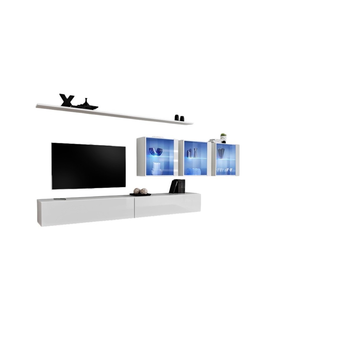 Ensemble meuble salon mural SWITCH XVII design, coloris blanc brillant.