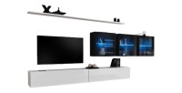 Ensemble meuble salon mural SWITCH XVII design, coloris blanc et noir brillant.